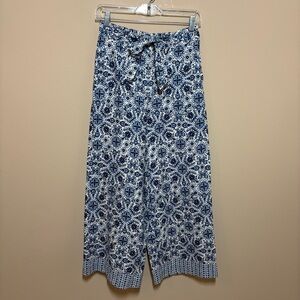 Joie Blue and White Floral Pants linen blend wide leg cropped pants tie waist